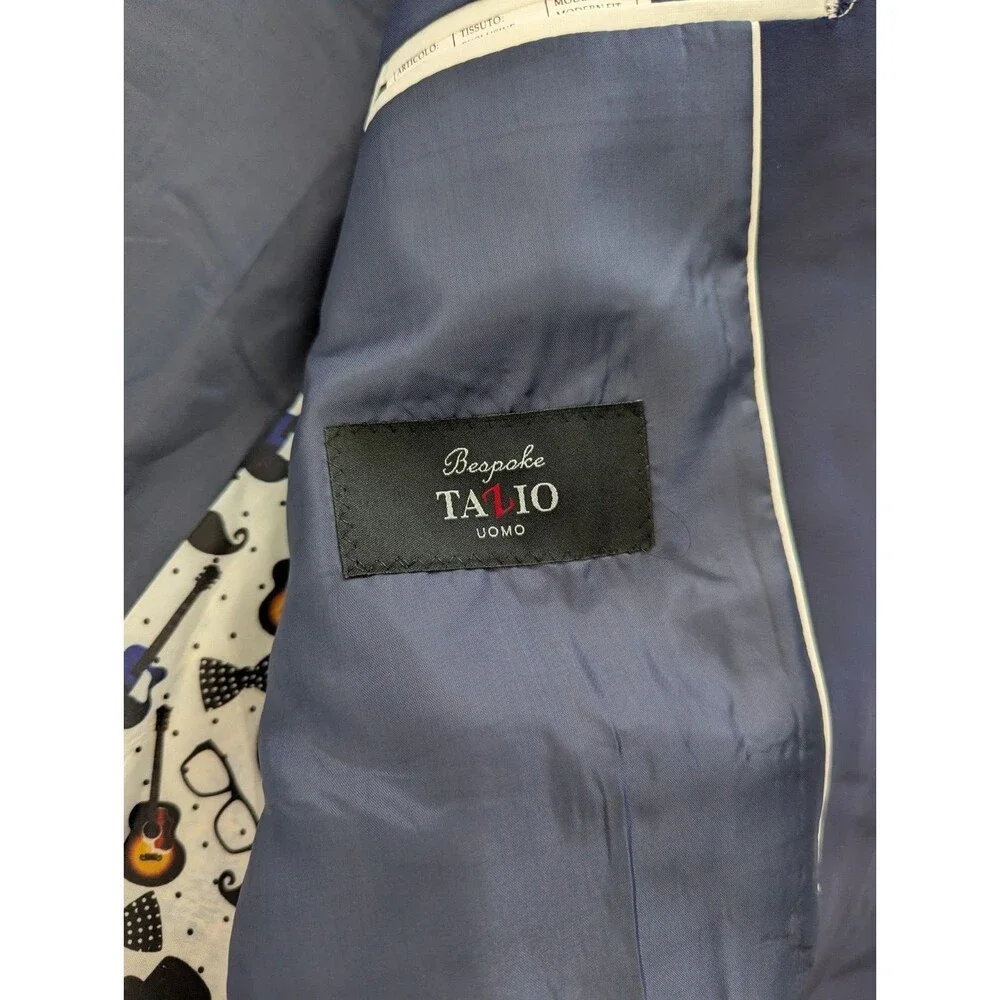 Bespoke TAZIO uomo 48R Sport Coat Blazer Exclusive Modern Fit Blue & Cream White